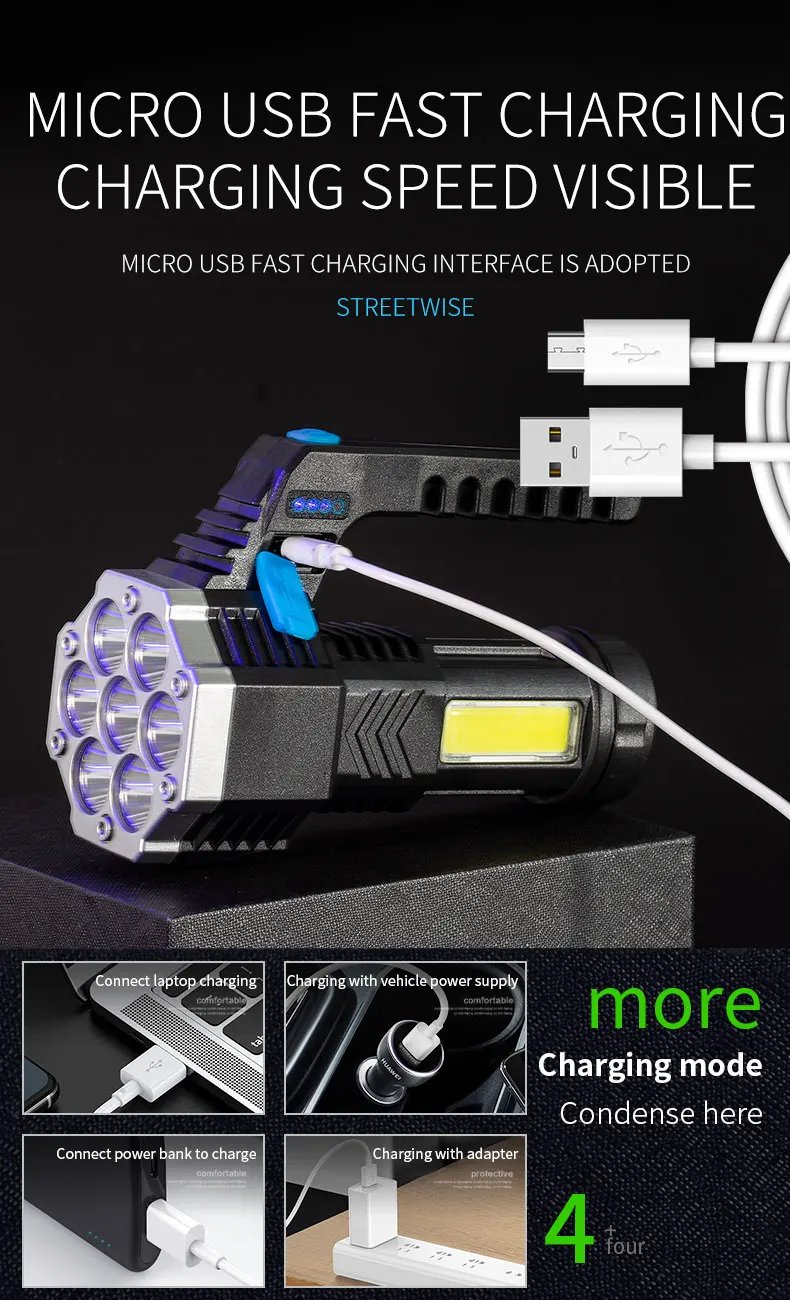 High Power LED Flashlights Camping Torch With 7 Lamp Beads And COB Side Light Rechargeable Outdoor Hiking Portable Hand Lantern High Power LED Flashlights Camping Torch With 7 Lamp Beads And COB Side Light Rechargeable Outdoor Hiking Portable Hand Lantern