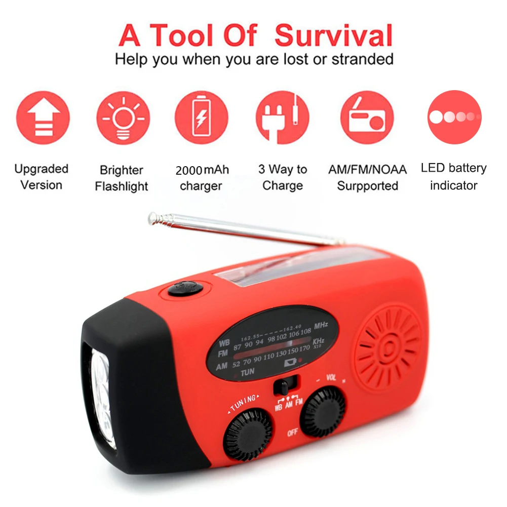Solar Hand Crank Powered Camping Light With AM/FM Radio Outdoor 2000mAh USB Charging Multifunctional Hand Dynamo LED Flashlight Solar Hand Crank Powered Camping Light With AM/FM Radio Outdoor 2000mAh USB Charging Multifunctional Hand Dynamo LED Flashlight