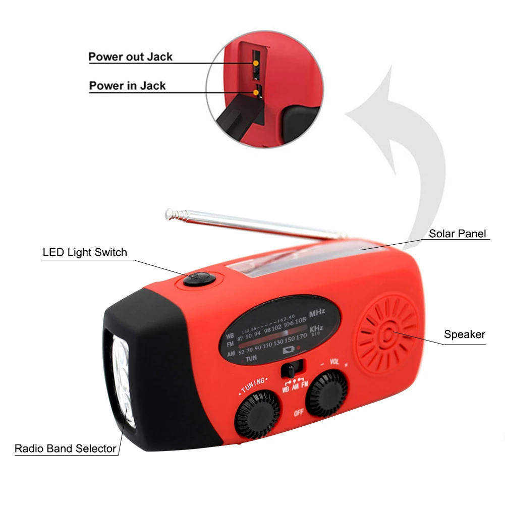 Solar Hand Crank Powered Camping Light With AM/FM Radio Outdoor 2000mAh USB Charging Multifunctional Hand Dynamo LED Flashlight Solar Hand Crank Powered Camping Light With AM/FM Radio Outdoor 2000mAh USB Charging Multifunctional Hand Dynamo LED Flashlight