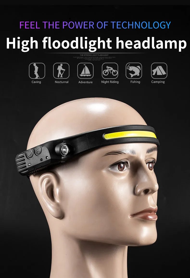 Induction Headlamp COB LED Sensor Head Lamp Built-in Battery Flashlight USB Rechargeable Head Torch 5 Lighting Modes Headlight
