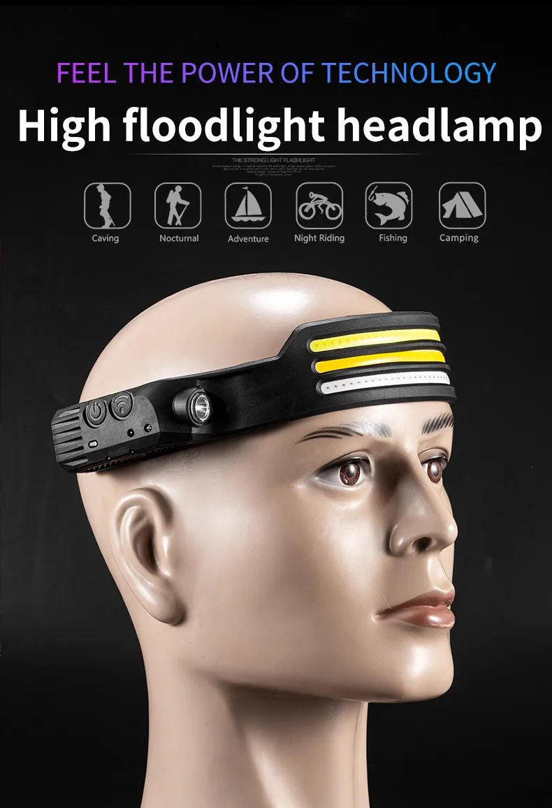 Induction Headlamp COB LED Sensor Head Lamp Built-in Battery Flashlight USB Rechargeable Head Torch 5 Lighting Modes Headlight