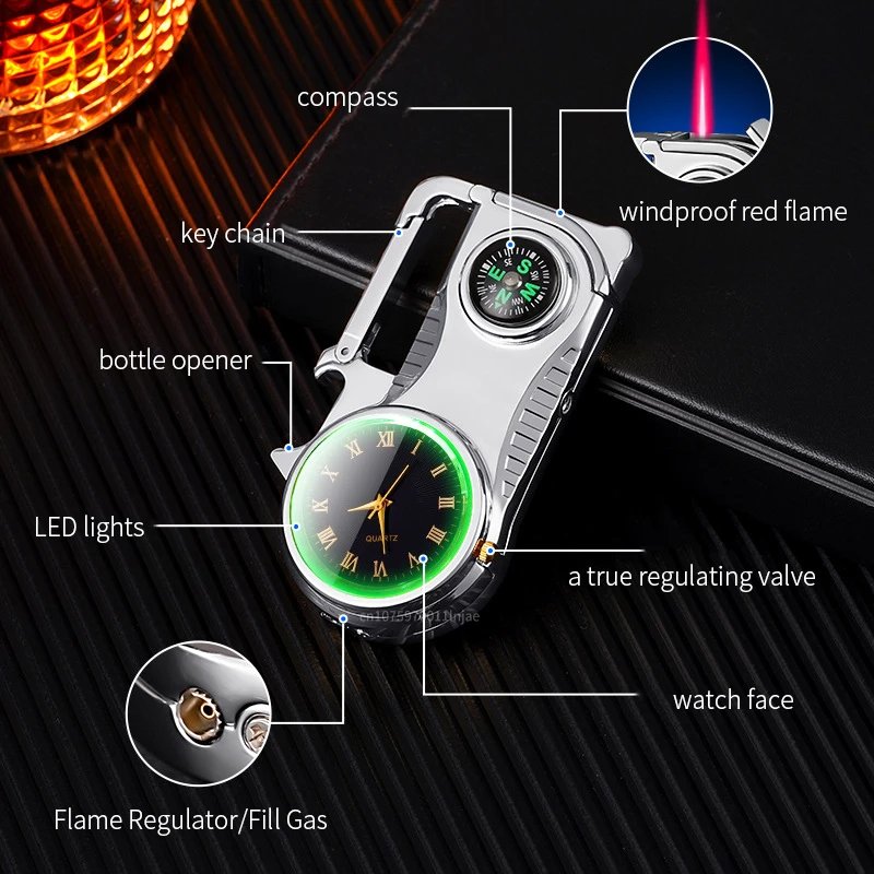 Outdoor Compass Keychain Inflatable Windproof Lighter Multi-function Watch Bottle Opener Red Flame Butane Lighters Survival Tool - Image 5