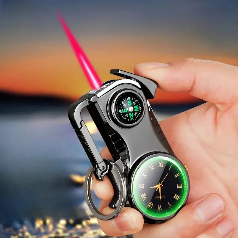 Outdoor Compass Keychain Inflatable Windproof Lighter Multi-function Watch Bottle Opener Red Flame Butane Lighters Survival Tool
