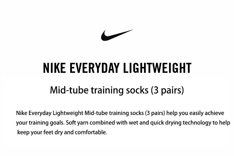 Original Nike Lightweight Unisex Sports Socks Men's and Women's 3 Pairs Casual Breathable Tube White Short Socks M L XL SX4706
