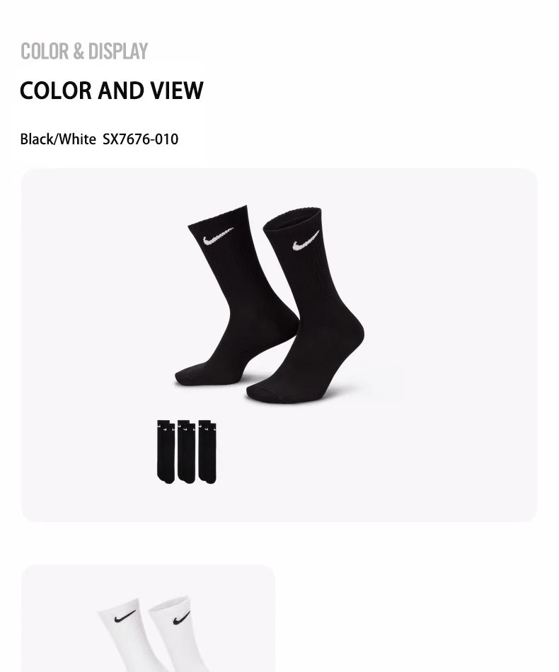 Original Nike Lightweight Unisex Sports Socks Men's and Women's 3 Pairs Casual Breathable Tube White Short Socks M L XL SX4706