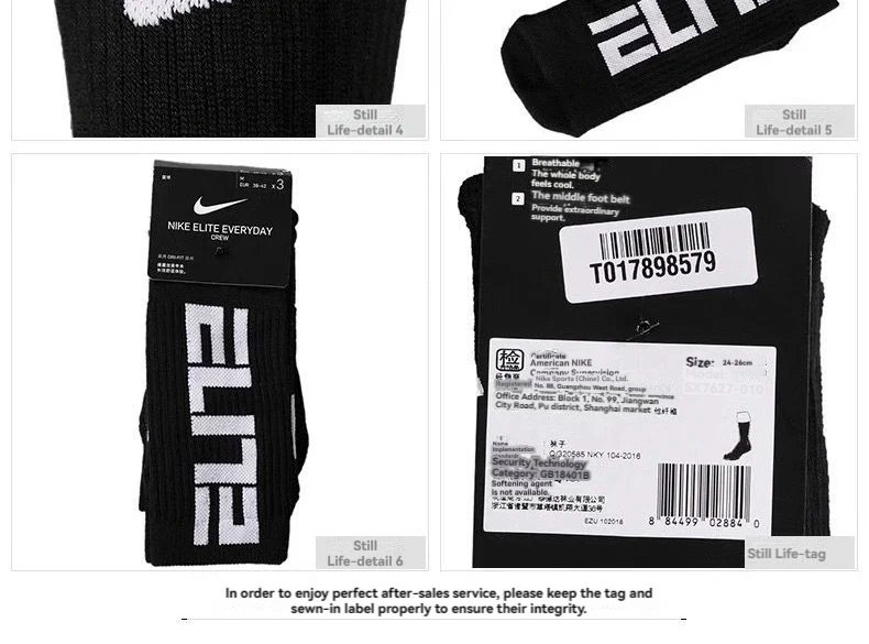 Original Nike Sport Breathable Mid-tube Socks Men's 3 Pairs White S M L SX7627-100