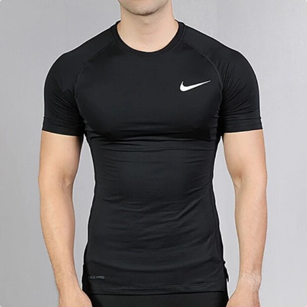Original Nike Tights Men PRO Round Lead Walking Training Short Sleeve Quick Drying Breathable Sports Fitness Wear Black T-shirt - Image 2