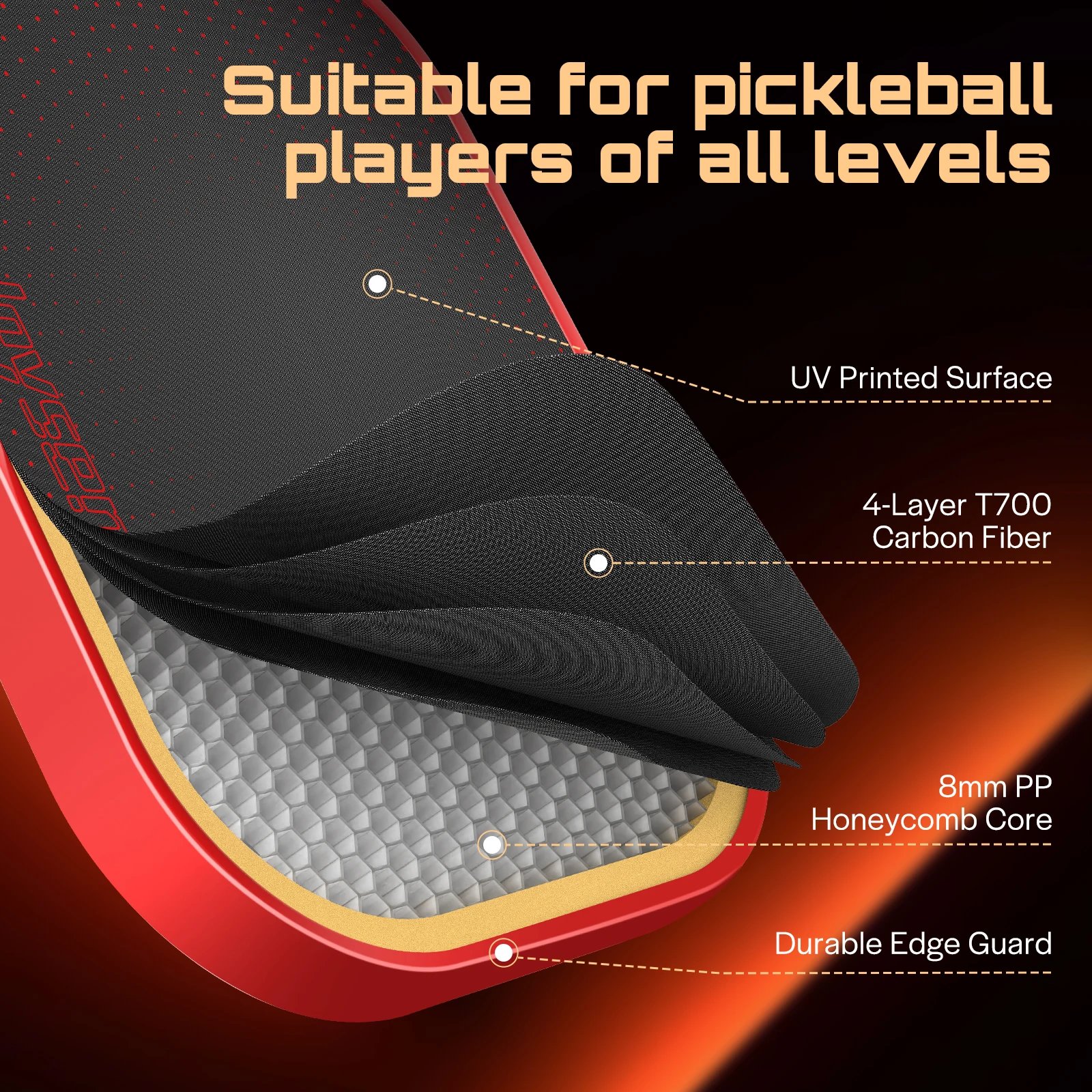 Joysent Pickleball Paddles USAPA T700 Raw Carbon Fiber Surface Pickleball Rackets 8.1oz PP Honeycomb Core 16MM For Men Women - Image 2